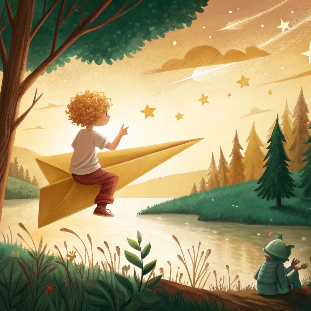 Buchcover: Ein Junge fliegt auf einem Papierflieger über einen See in der Abendsonne